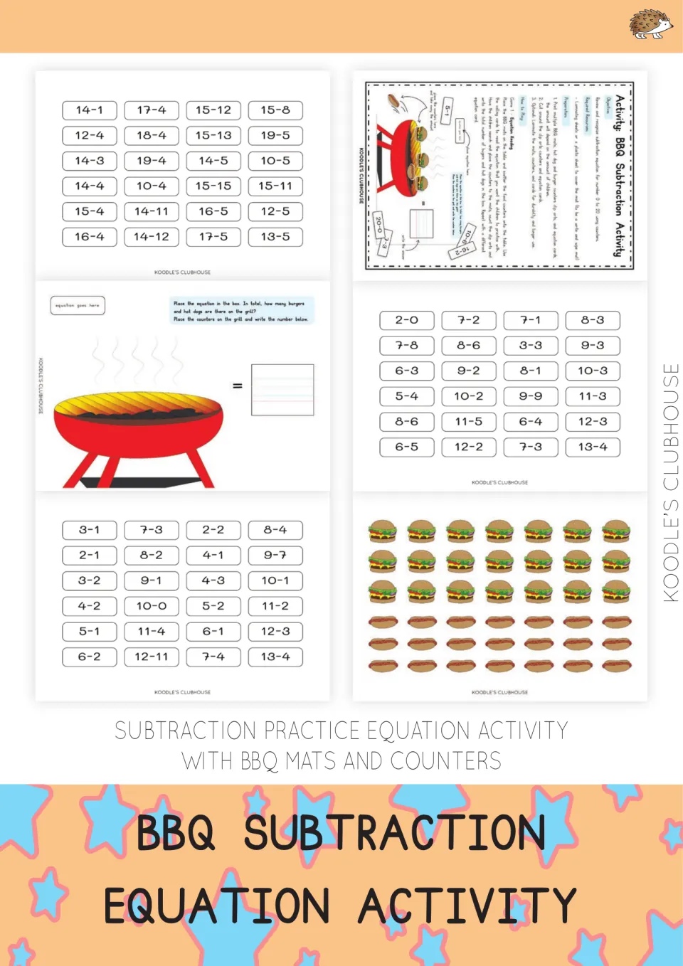BBQ Subtraction Equation Activity cover showing sample grill mats, food counters, instructions, and equation cards
