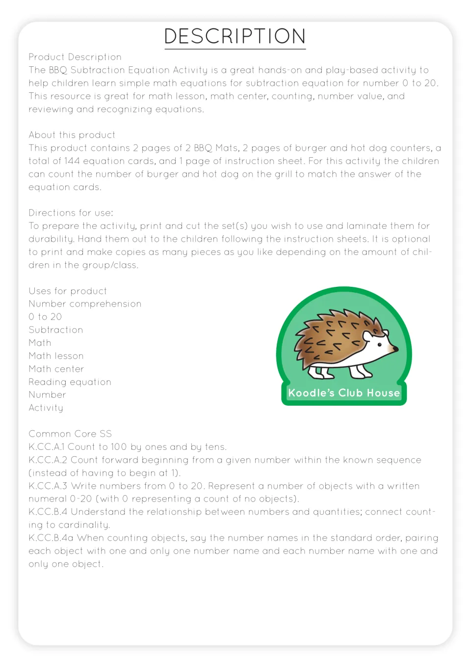 Product overview lists two BBQ mats, two food counter sheets, 144 equation cards, and preparation directions