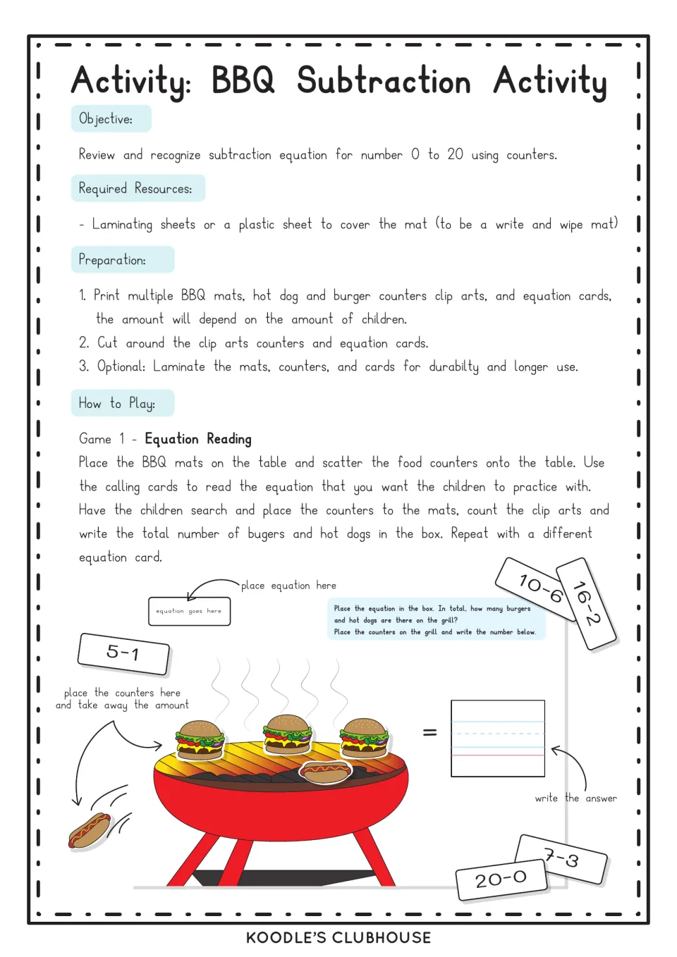 Subtraction activity instructions explain printing, cutting, and using food counters to model taking away