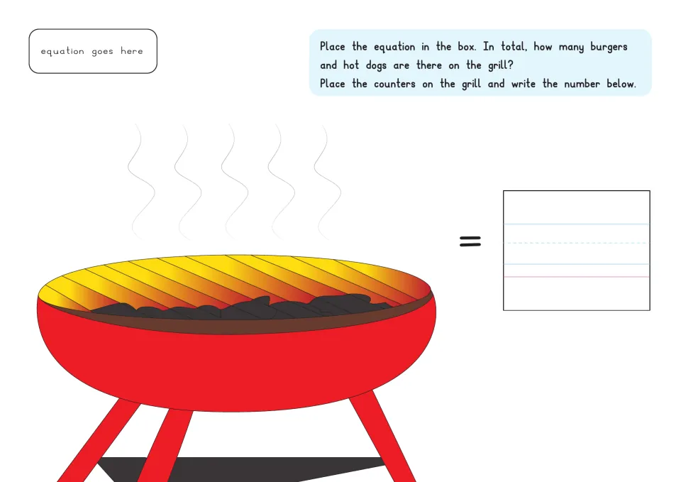 Second BBQ subtraction mat repeats the grill activity for placing food counters and recording an answer