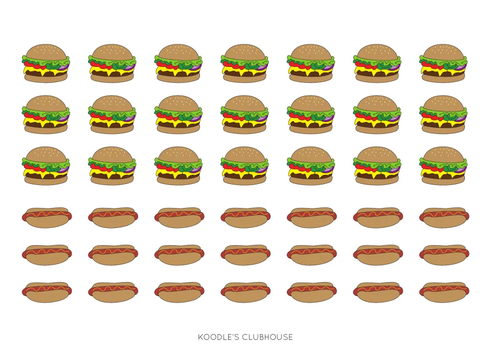 First food counter sheet supplies 21 burgers and 21 hot dogs to cut out for the BBQ subtraction mats