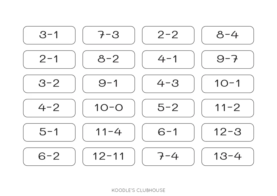 First subtraction card sheet contains 24 expressions, including 3−1, 7−3, 2−2, and 8−4, for the BBQ mats