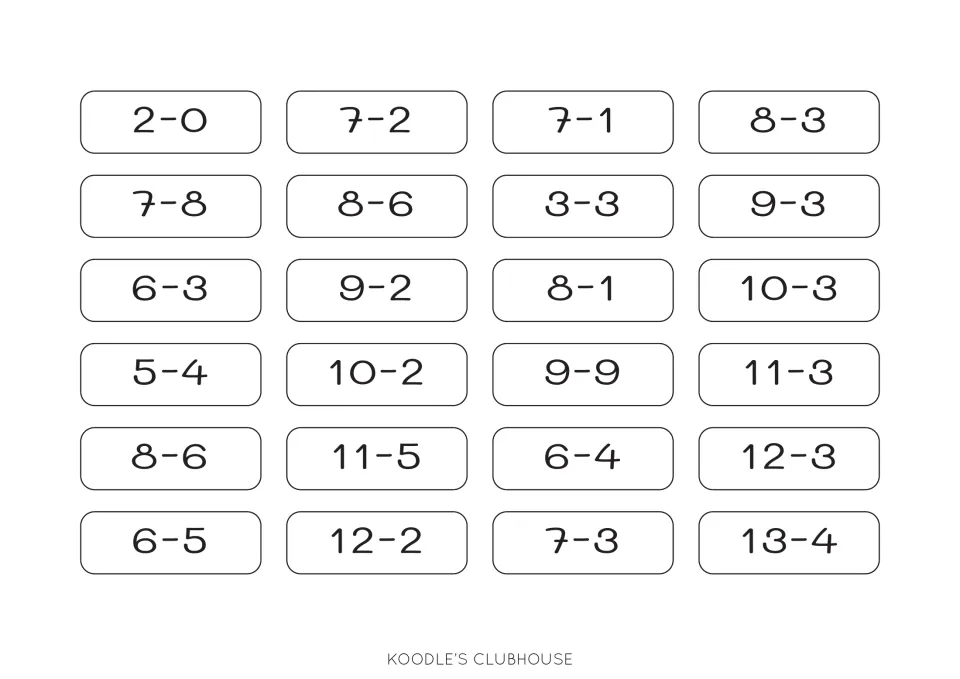 Second subtraction card sheet contains 24 expressions, including 2−0, 7−2, 7−1, and 8−3, for the BBQ mats