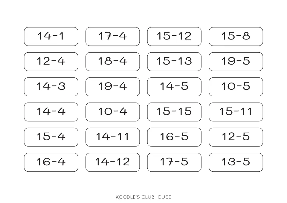 Third subtraction card sheet contains 24 expressions, including 14−1, 17−4, 15−12, and 15−8, for the BBQ mats