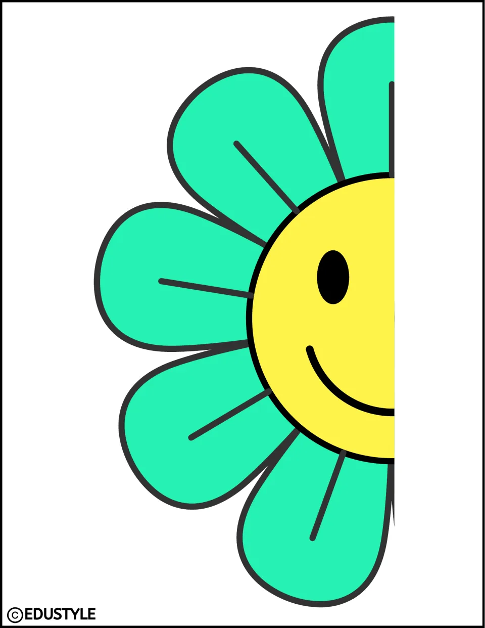 Left half of an enlarged green flower with a smiling yellow center, part of the kit's two-page decoration