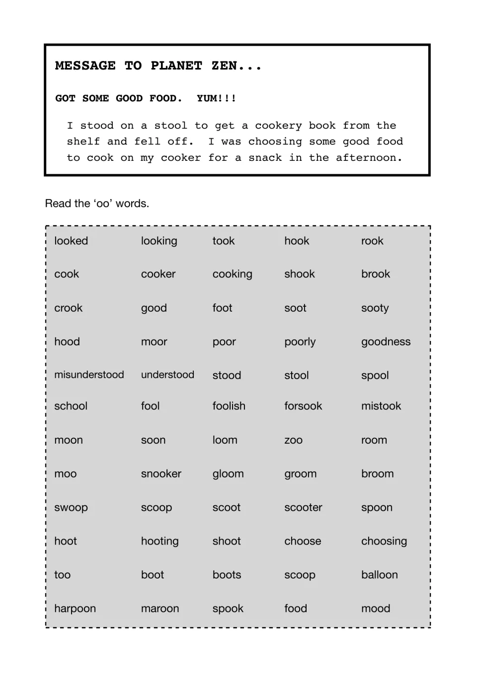 Reading 'oo' words: a Message to Planet Zen story, then 60 words from looked and cook to moon and mood