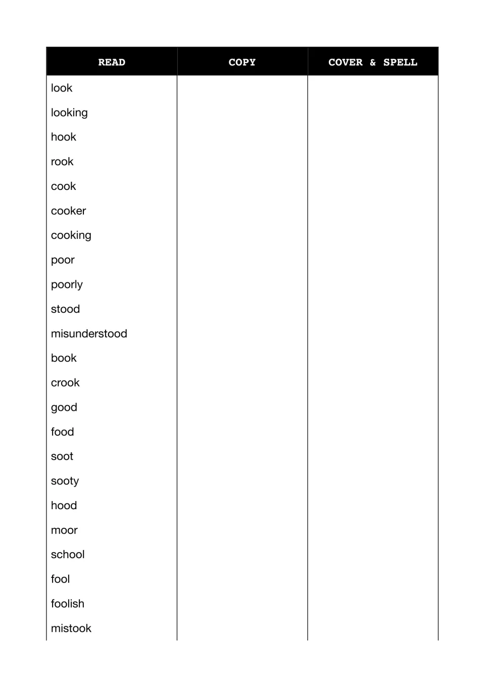 Spelling practice for 23 'oo' words, mostly short 'oo' like look, cook, good and stood: read, copy, cover and spell