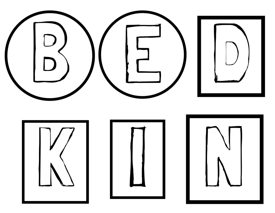 Cut-out letters B, E, D, K, I, and N for arranging and decorating the words 'BE KIND' in a kindness display.