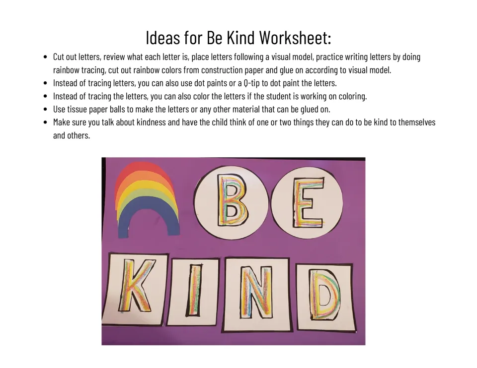 Kindness activity ideas for tracing, painting, coloring, and gluing letters, plus a completed BE KIND example.