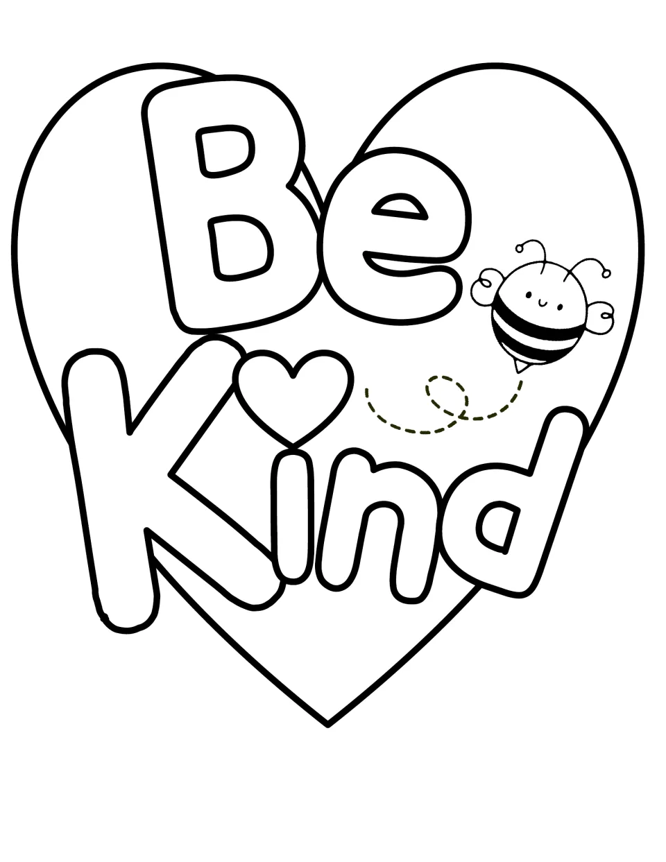 Kindness coloring page: students color bubble letters reading Be Kind inside a large heart, with a heart and a smiling bee