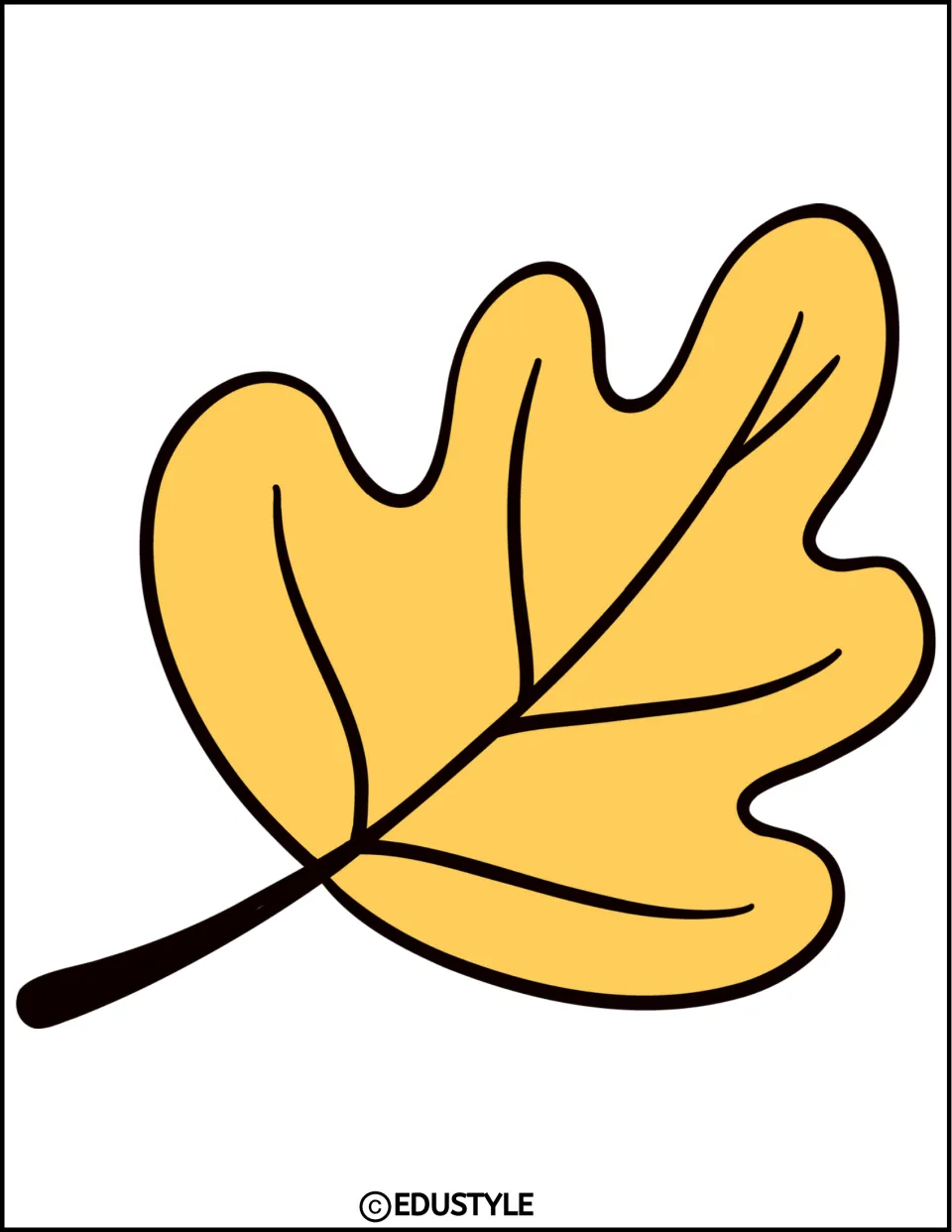 Large yellow oak leaf cutout with black outline and veins, stem pointing to the lower left, for fall decor