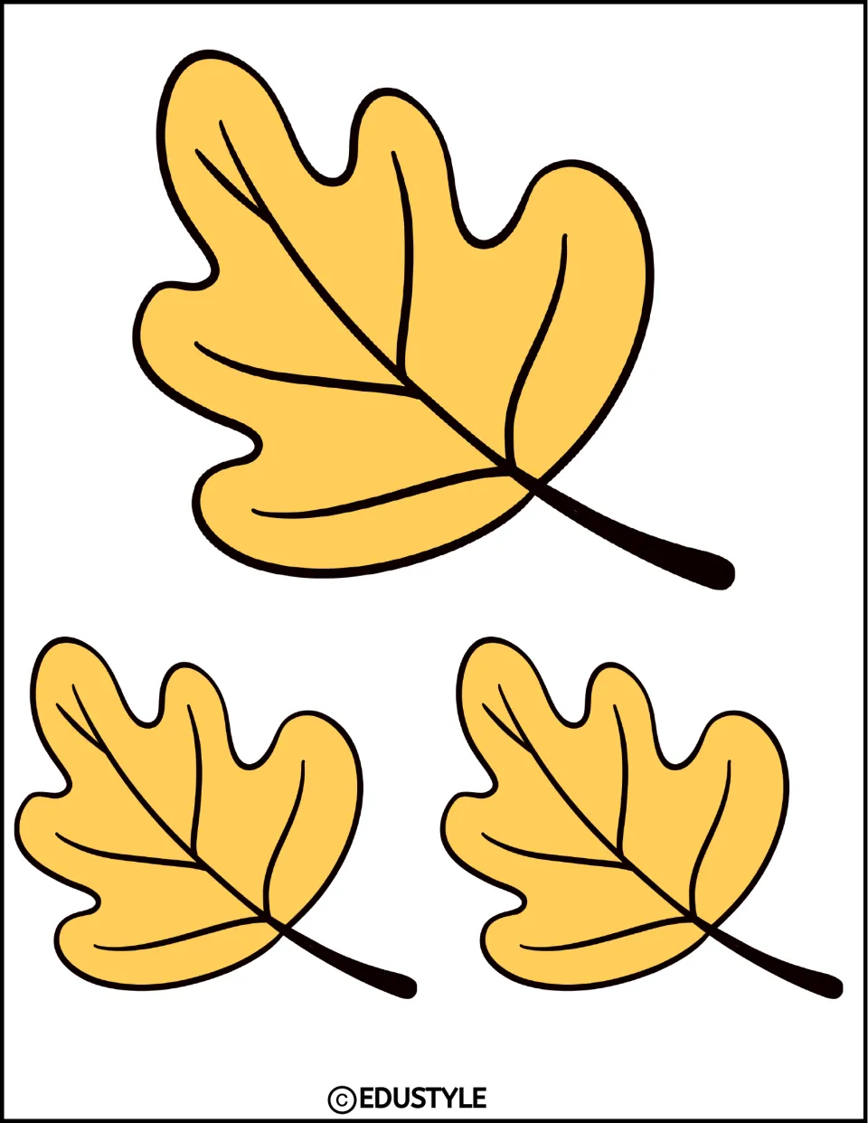 Three yellow oak leaves with stems to the lower right: one large leaf over two smaller matching cutouts