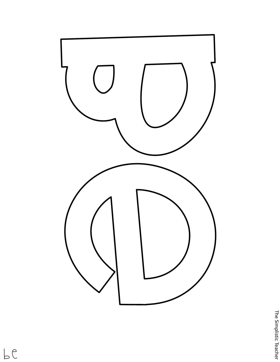 Outline letter cut-out piece spelling 'be' in large bubble letters, printed sideways to color and cut out