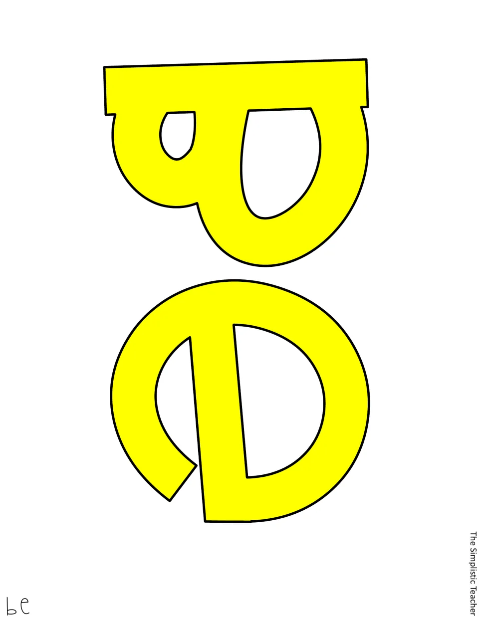 Yellow filled letter cut-out piece spelling 'be' in large bubble letters, printed sideways and ready to cut out
