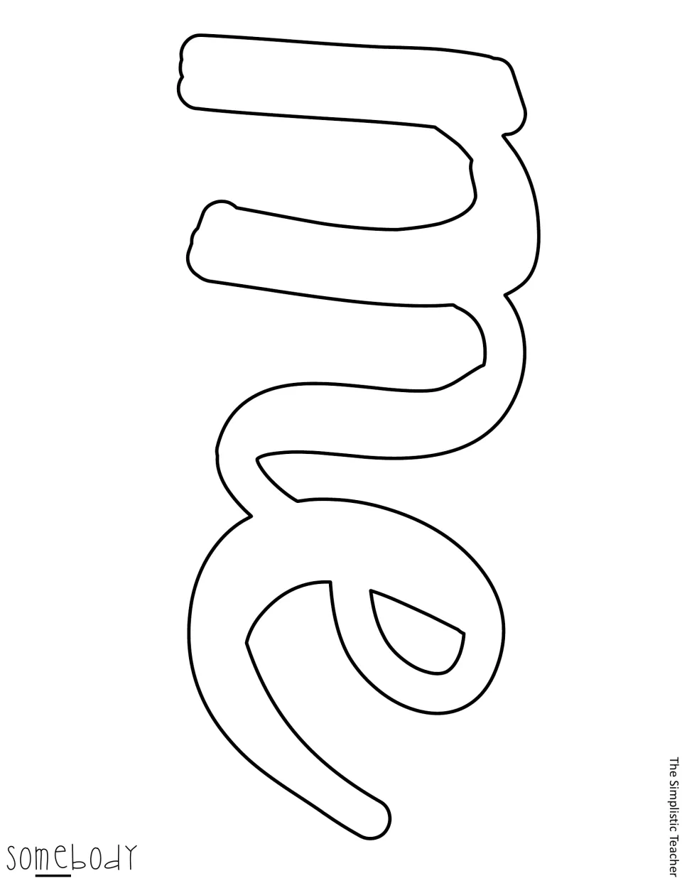 Outline cut-out piece with the joined script letters 'me' from the word 'somebody', printed sideways at full page size