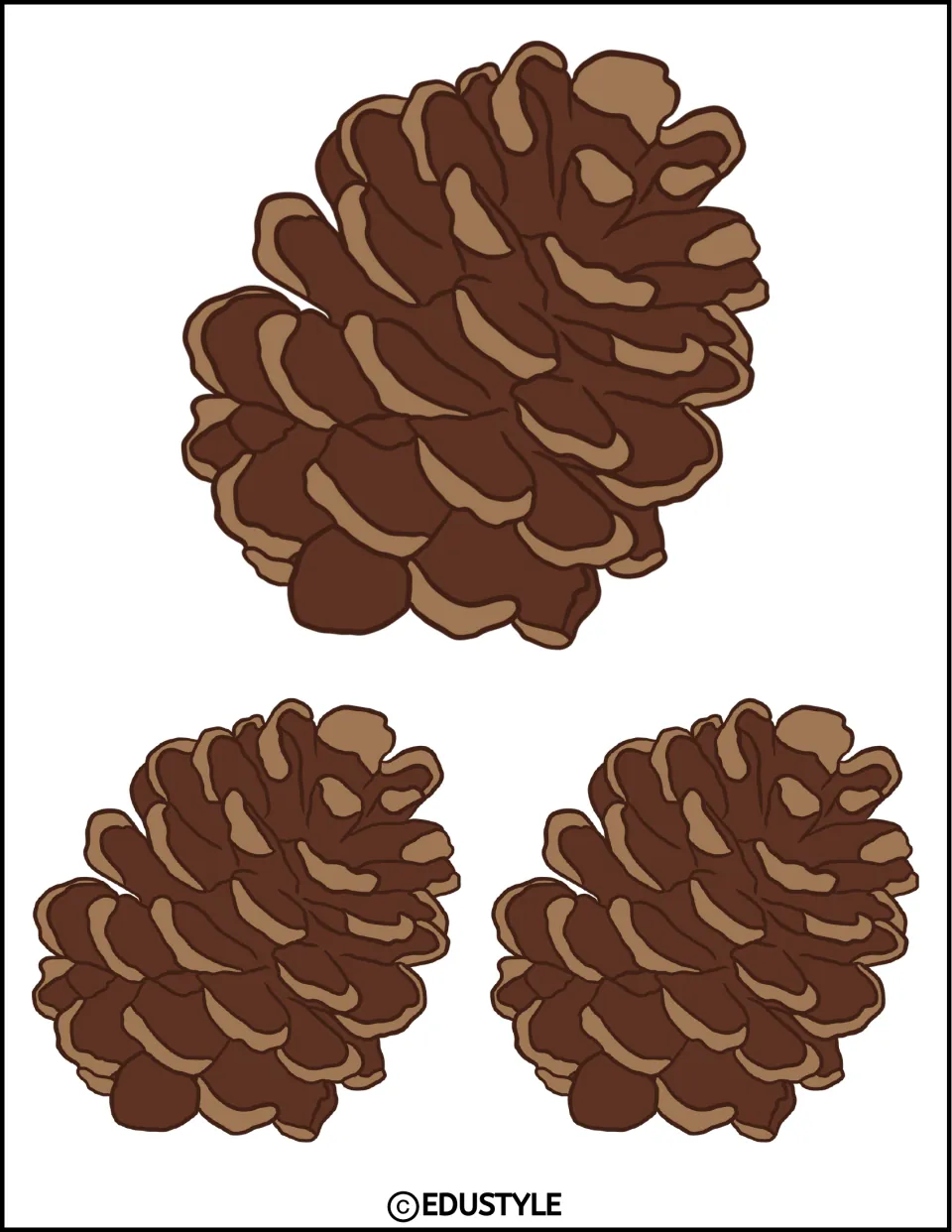 Three brown pinecone cutouts angled toward the upper right, one larger and two smaller, for the fall display