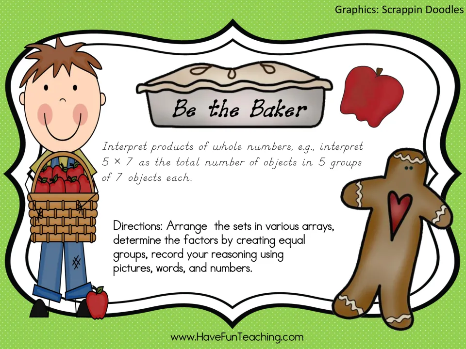Be the Baker cover: interpret products as equal groups; students arrange sets in arrays and record reasoning