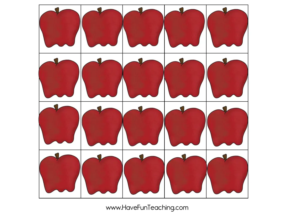 Apple counters: 20 red apple cards for students to cut out and arrange into equal groups and arrays for the pie problem