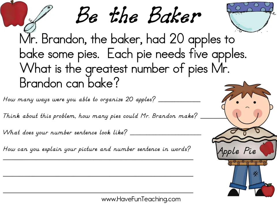 Apple pie word problem: 20 apples, 5 per pie; students find how many pies, write a number sentence and explain in words