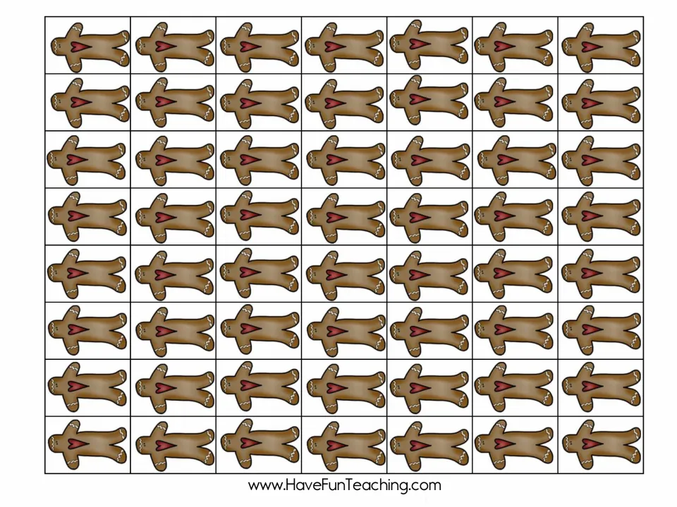Gingerbread counters: 56 gingerbread cookie cards for students to cut out and sort into equal groups of 8 for boxing