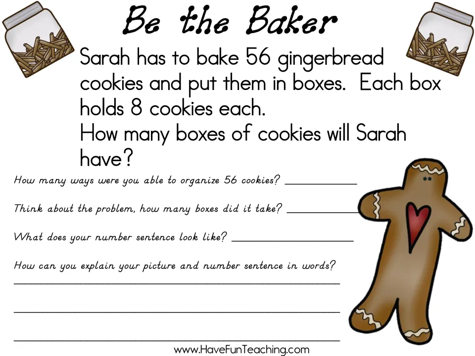 Gingerbread word problem: 56 cookies, 8 per box; students find the number of boxes, write a number sentence and explain