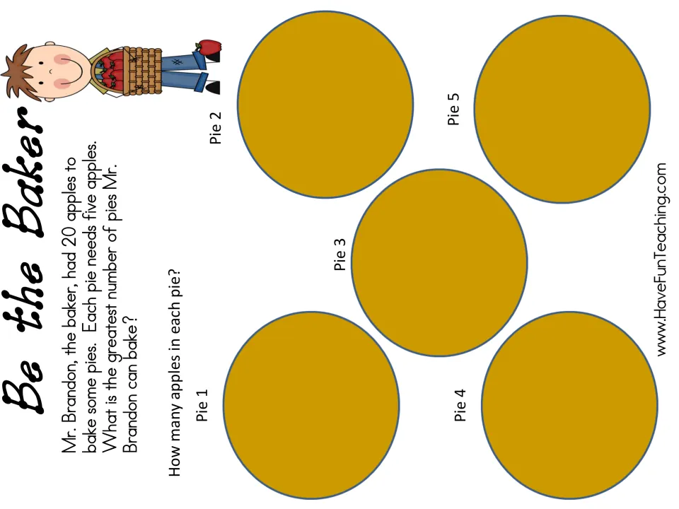 Apple pie grouping mat: students place apples on pies labeled Pie 1 to Pie 5 to show how many apples go in each pie