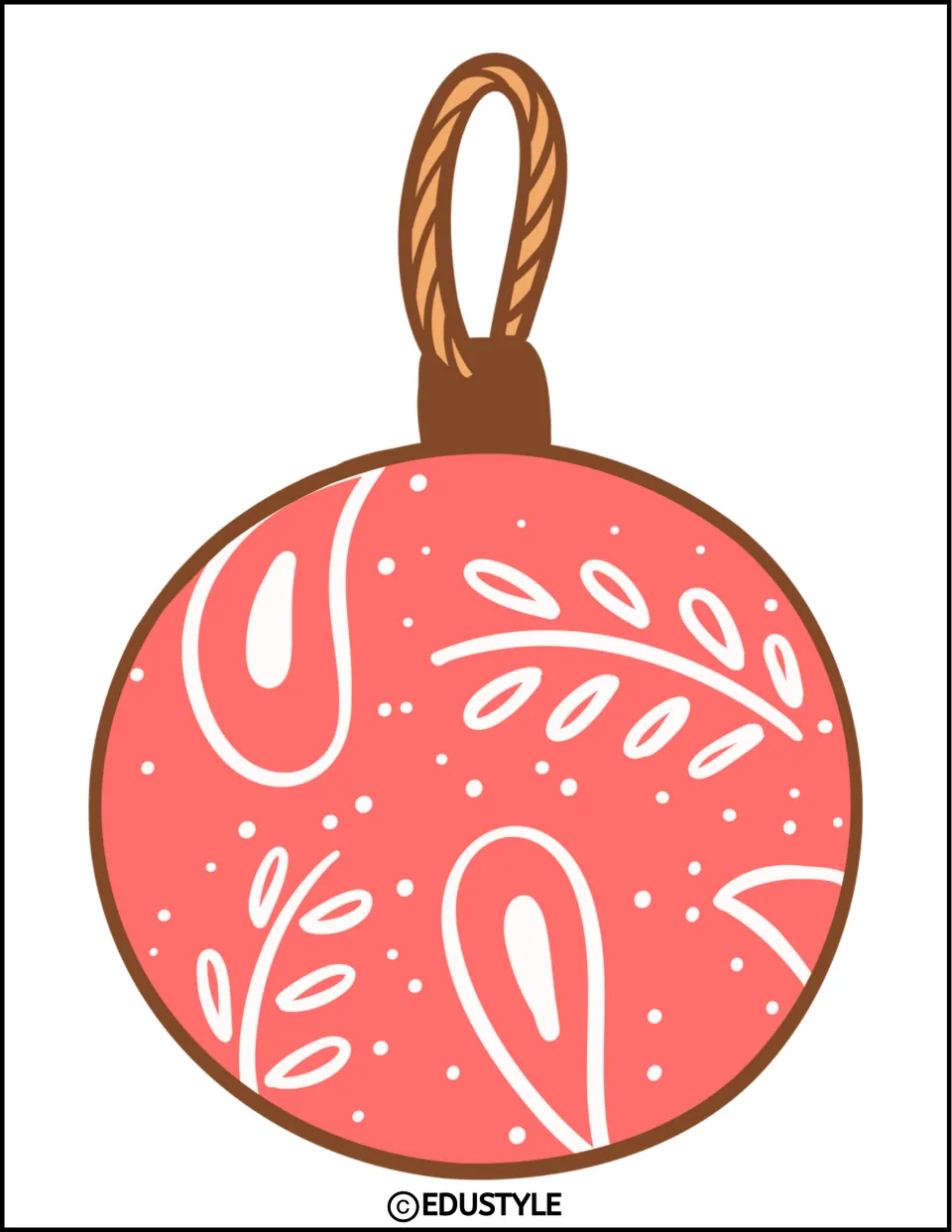 Large coral ornament cutout with white paisley motifs and a rope loop for the Cowboy Christmas display