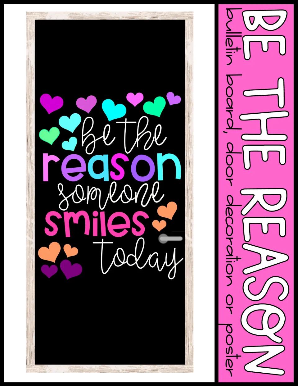 Cover: classroom door mockup of the colorful kindness quote with hearts, labeled bulletin board, door decoration or poster