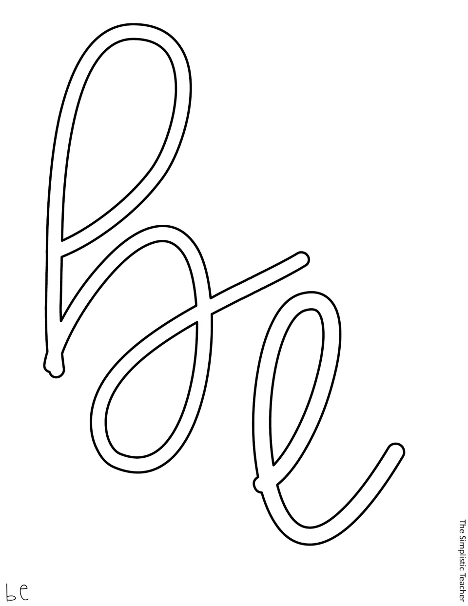 Cut-out piece: large outlined cursive word 'be' for tracing onto colored paper, labeled be in the corner