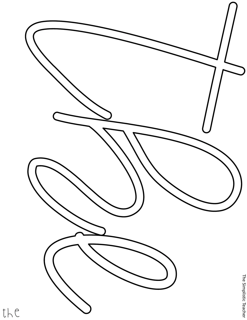 Cut-out piece: large outlined cursive word 'the' printed sideways to fit the page, labeled the in the corner