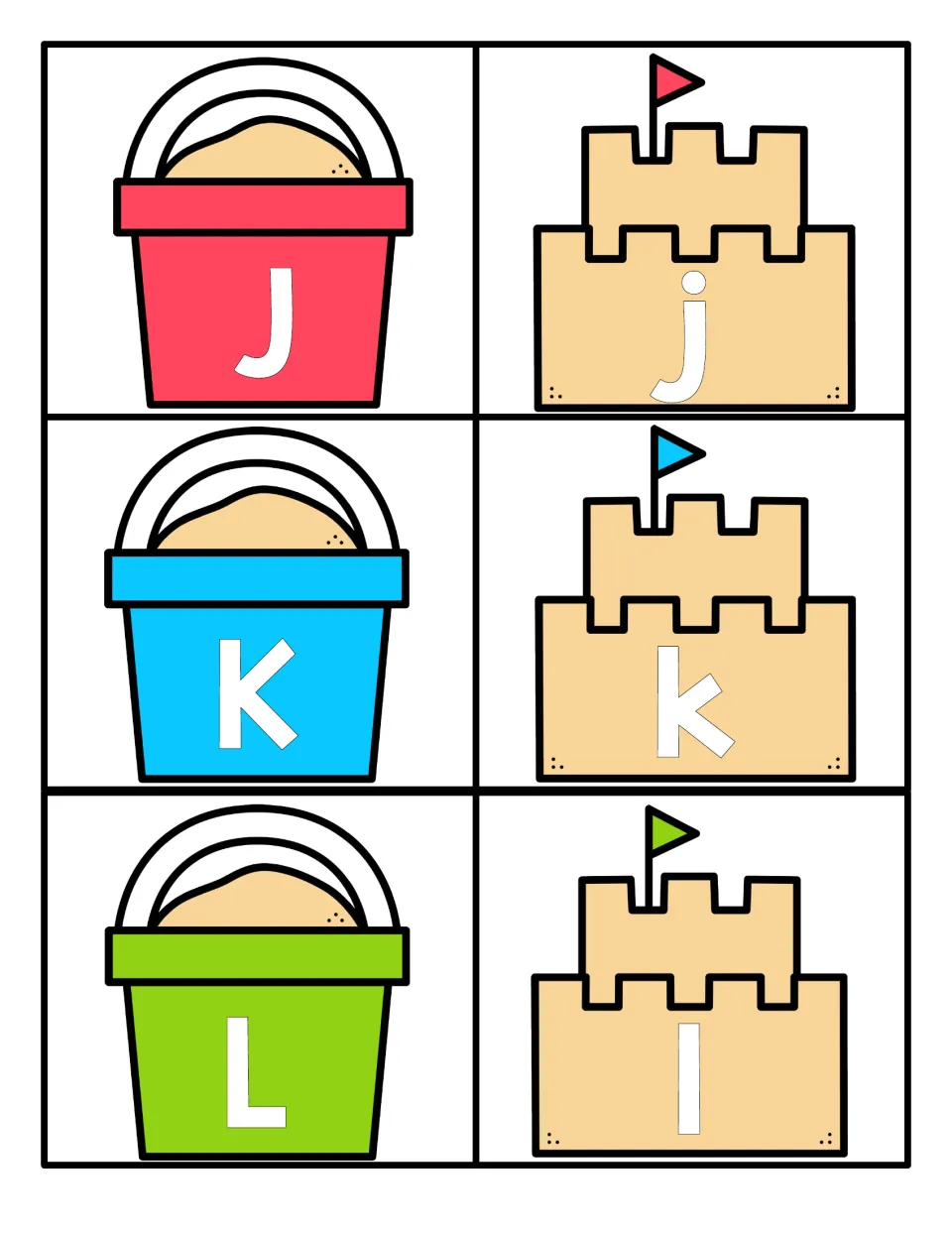 Letters J, K and L: bucket cards with uppercase J, K, L and sandcastle cards with lowercase j, k, l to match