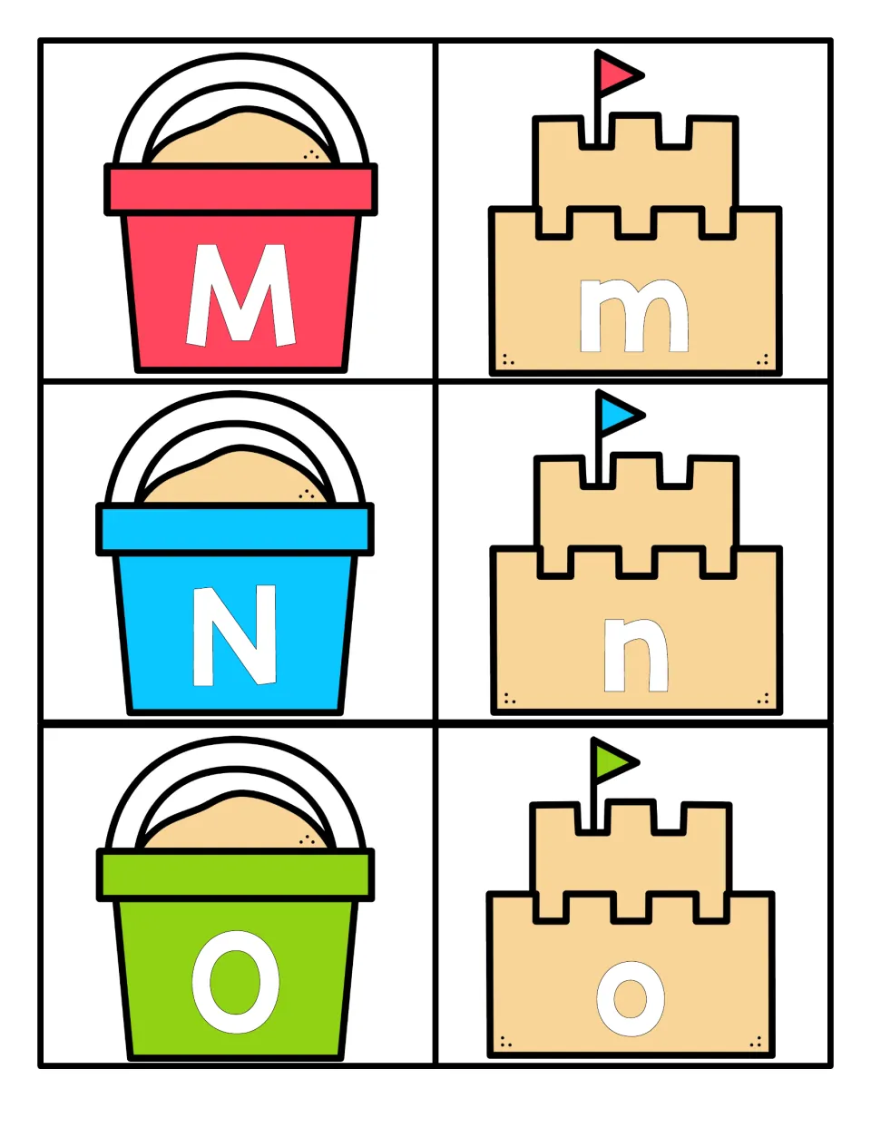 Letters M, N and O: capital M, N, O on red, blue and green pails alongside sandcastles marked m, n, o for pairing