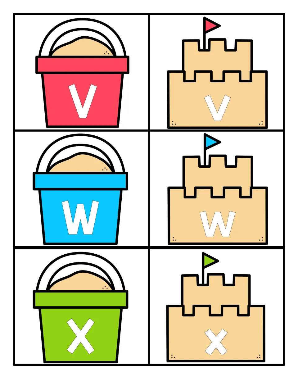 Letters V, W and X: capital V, W, X shown on beach pails next to sandcastles labeled v, w, x for matching letter cases