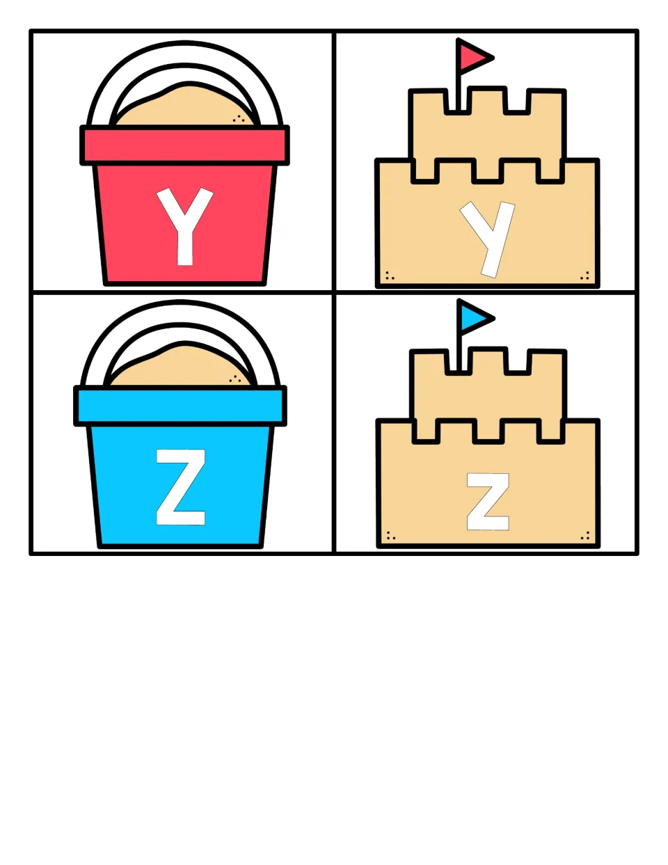 Letters Y and Z: cards with uppercase Y, Z on a red and a blue bucket and lowercase y, z on two sandcastles to match