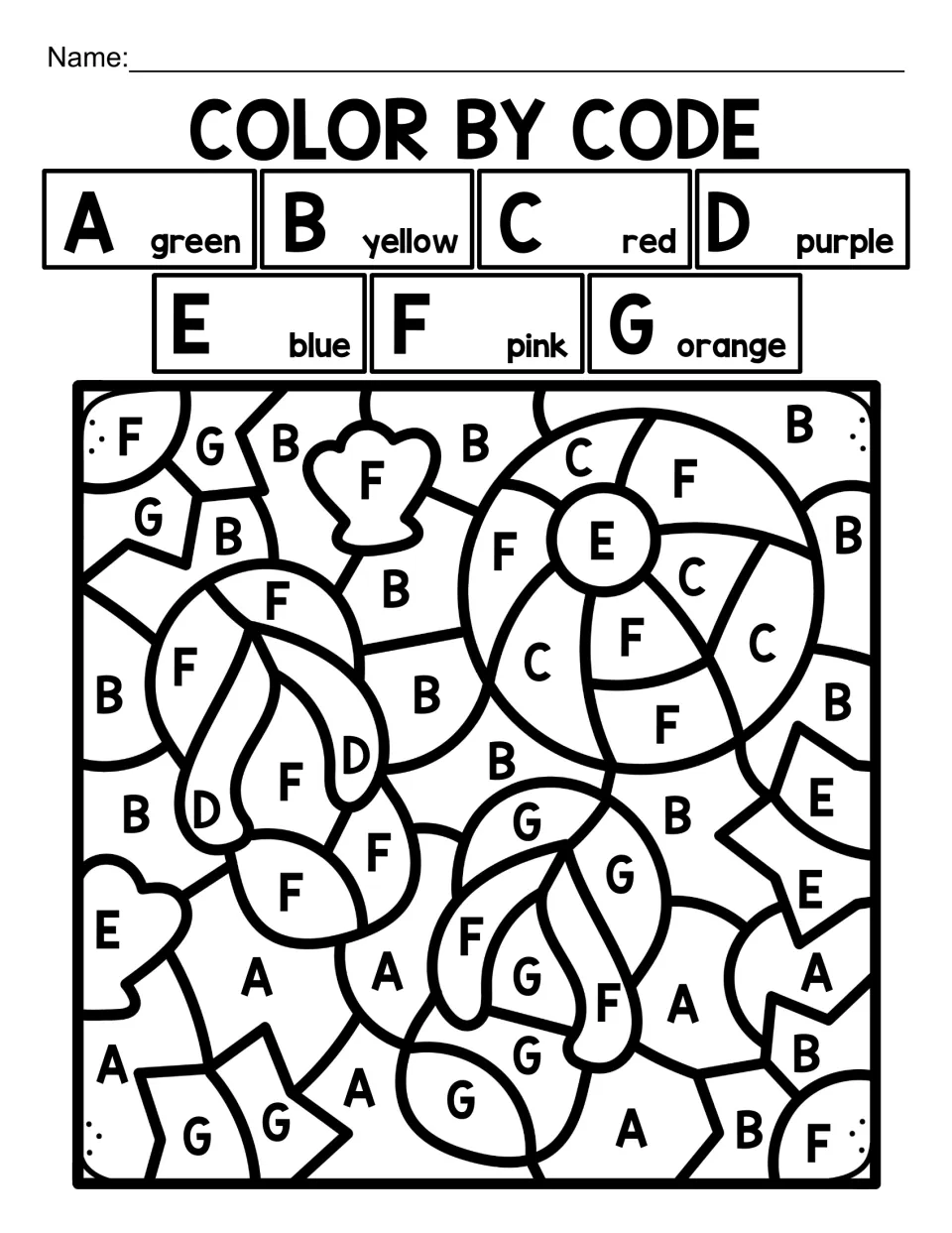 Capital-letter color-by-code activity for A–G featuring flip-flops and a beach ball, with seven color matches