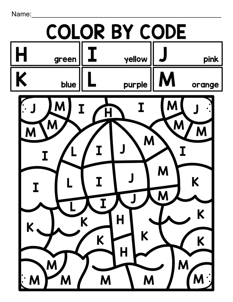 Capital-letter color-by-code activity for H–M featuring a beach umbrella, with six letter-to-color matches