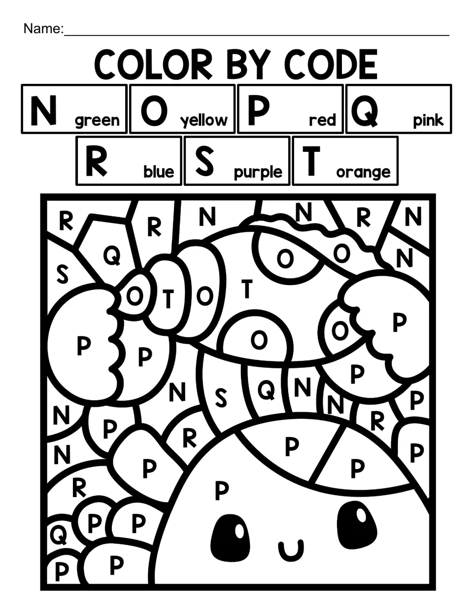 Capital-letter color-by-code activity for N–T featuring a crab and seashell, with seven color matches