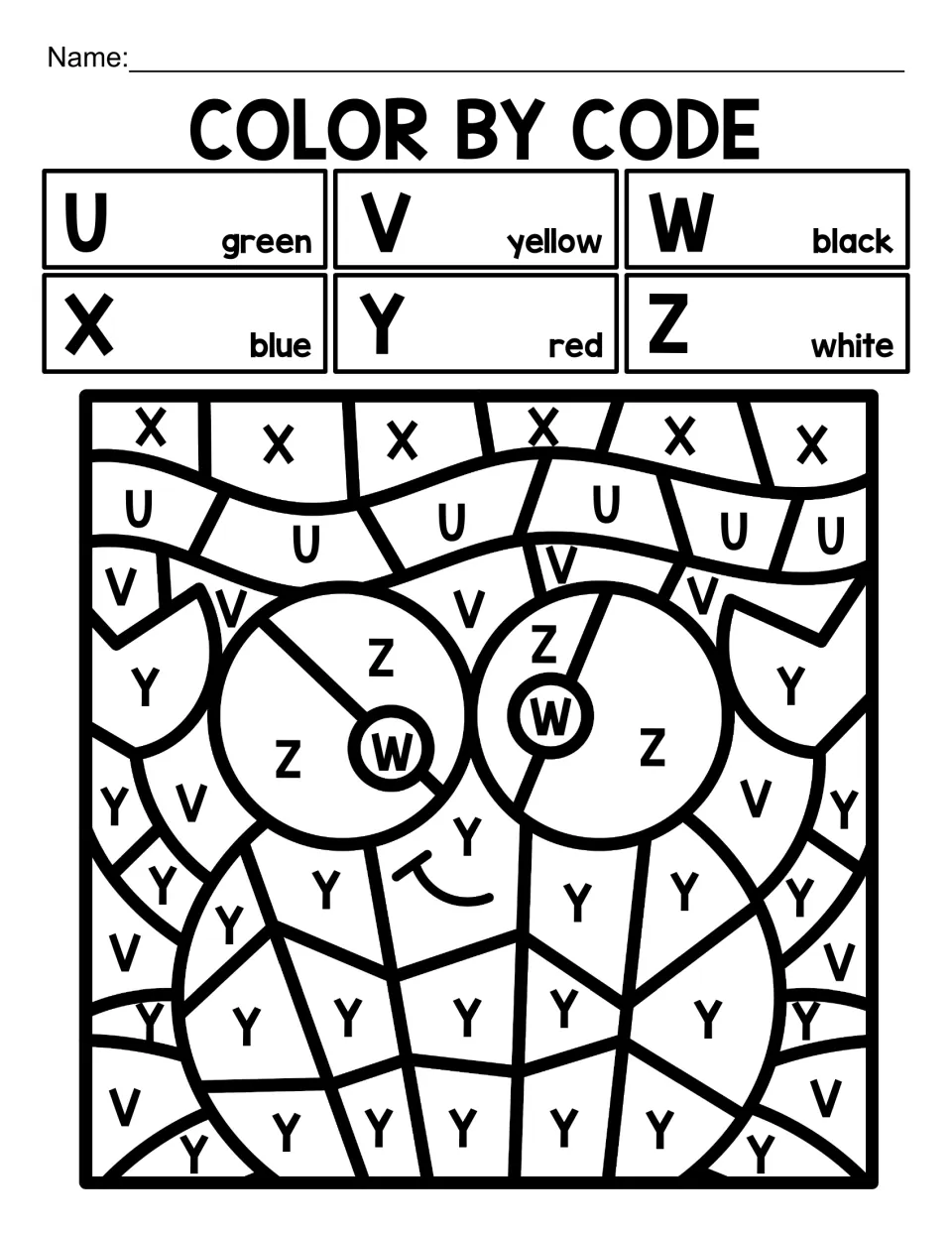Capital-letter color-by-code crab activity for U–Z, matching letters to green, yellow, black, blue, red, and white
