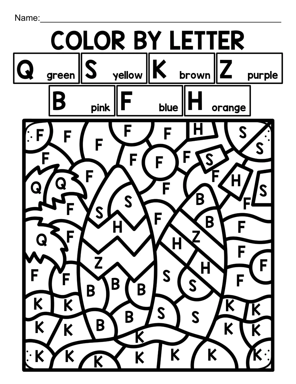 Mixed capital-letter coloring activity featuring two surfboards, using Q, S, K, Z, B, F, and H as color codes