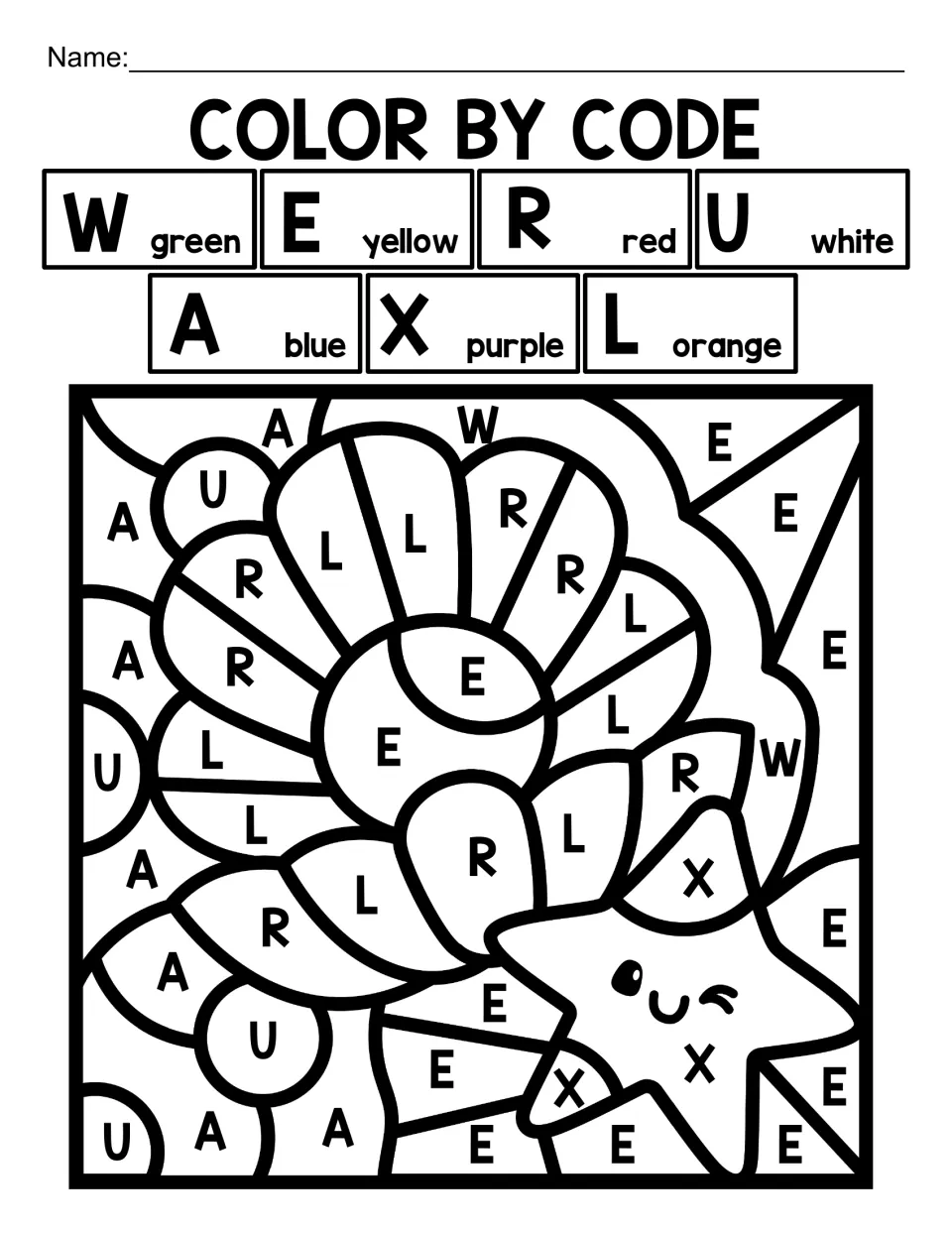 Mixed capital-letter coloring activity featuring a seashell and starfish, using W, E, R, U, A, X, and L