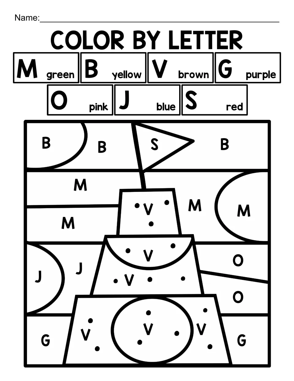 Mixed capital-letter coloring activity featuring a sandcastle with a flag, using M, B, V, G, O, J, and S