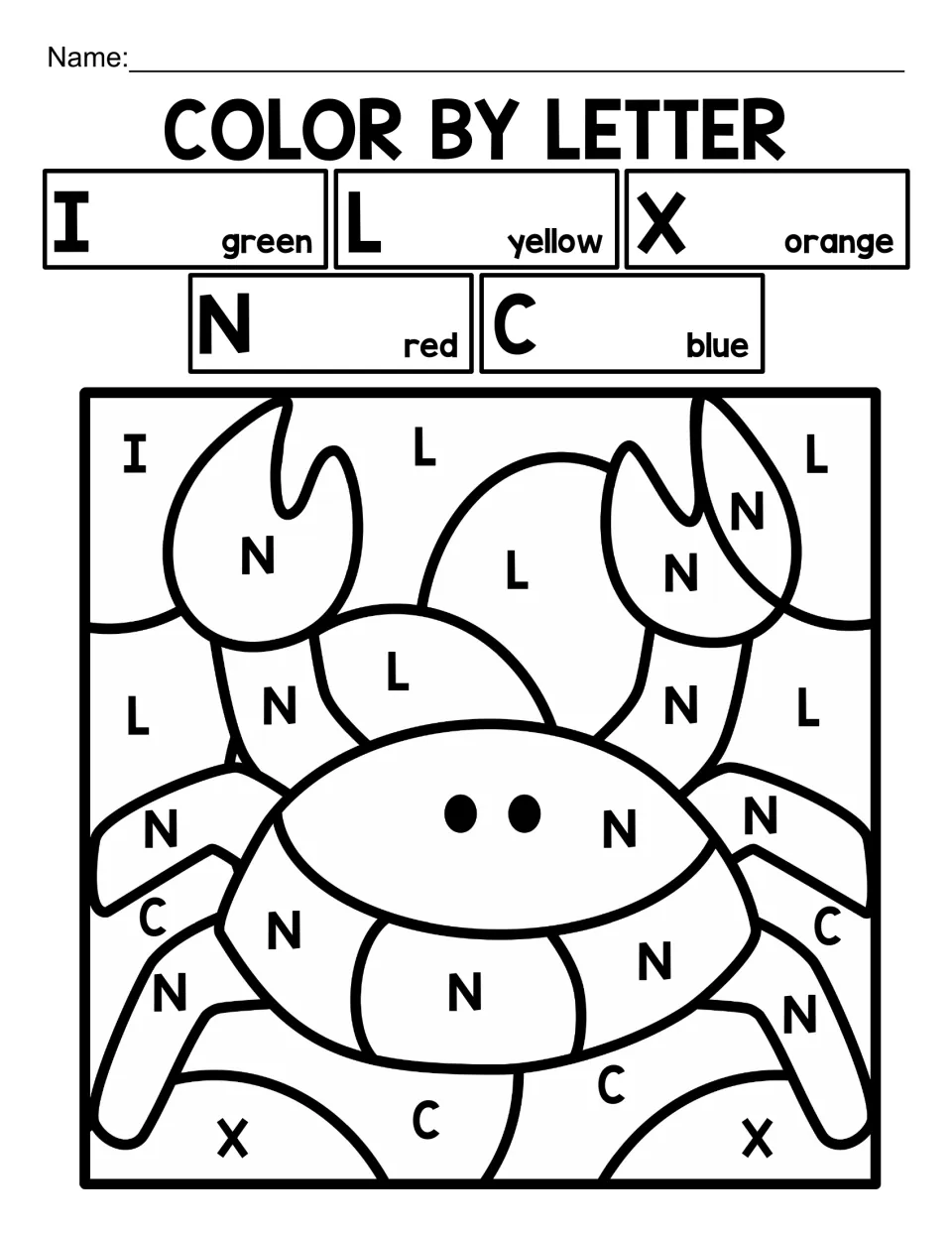 Mixed capital-letter crab coloring activity using I for green, L for yellow, X for orange, N for red, and C for blue