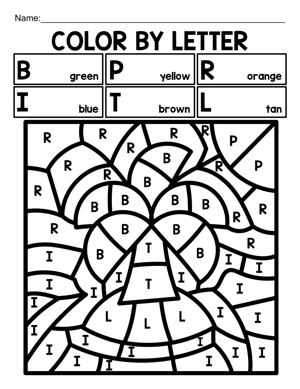Mixed capital-letter coloring activity featuring a palm tree on an island, using B, P, R, I, T, and L