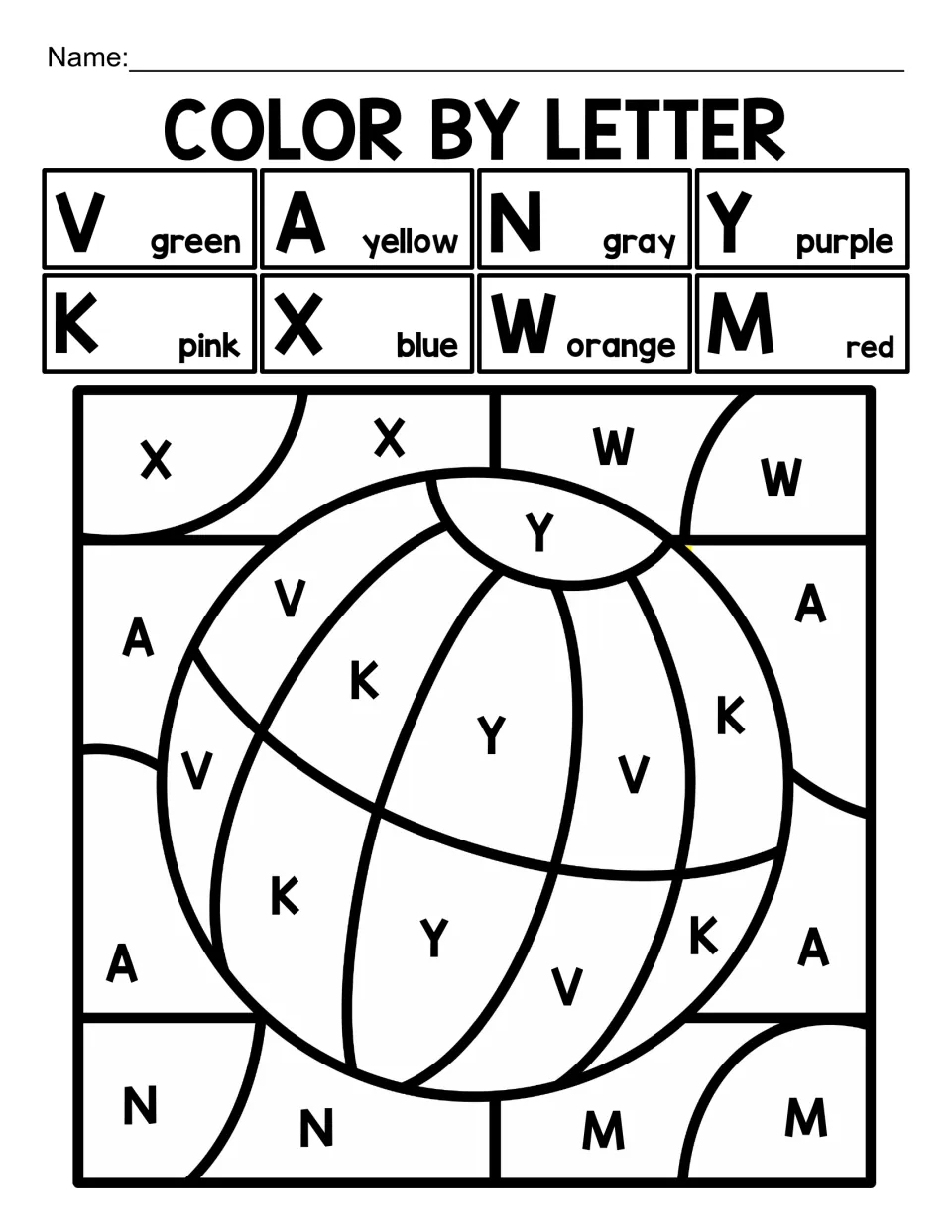 Mixed capital-letter coloring activity featuring a beach ball, using V, A, N, Y, K, X, W, and M as color codes