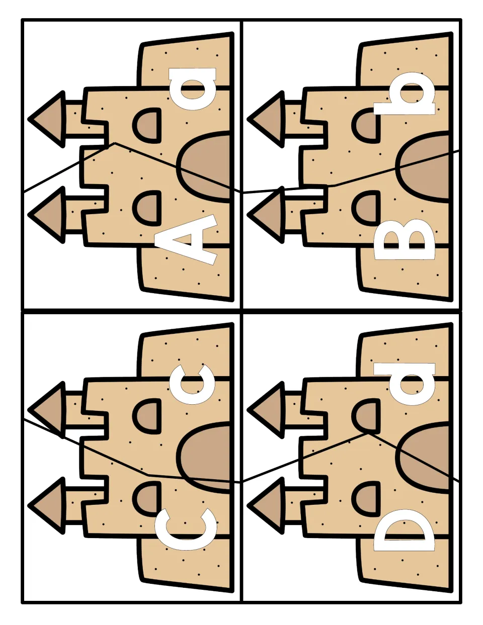Letters A to D: four sandcastle cards, each cut into two pieces to match uppercase and lowercase letters
