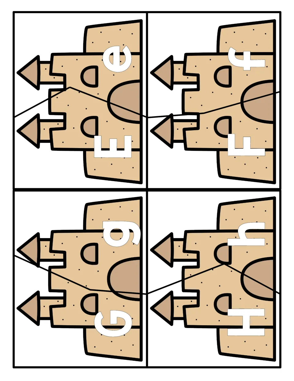 Letters E to H: sandcastle puzzle cards split in two so students join each capital letter with its lowercase