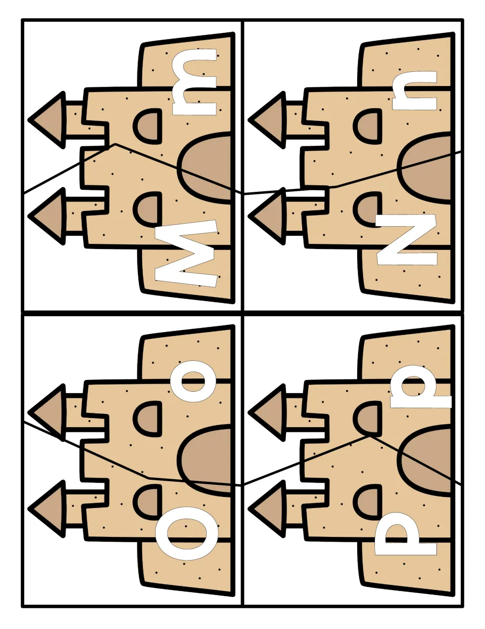 Letters M to P: sandcastle cards cut into halves; students match uppercase M, N, O, P to their lowercase letters