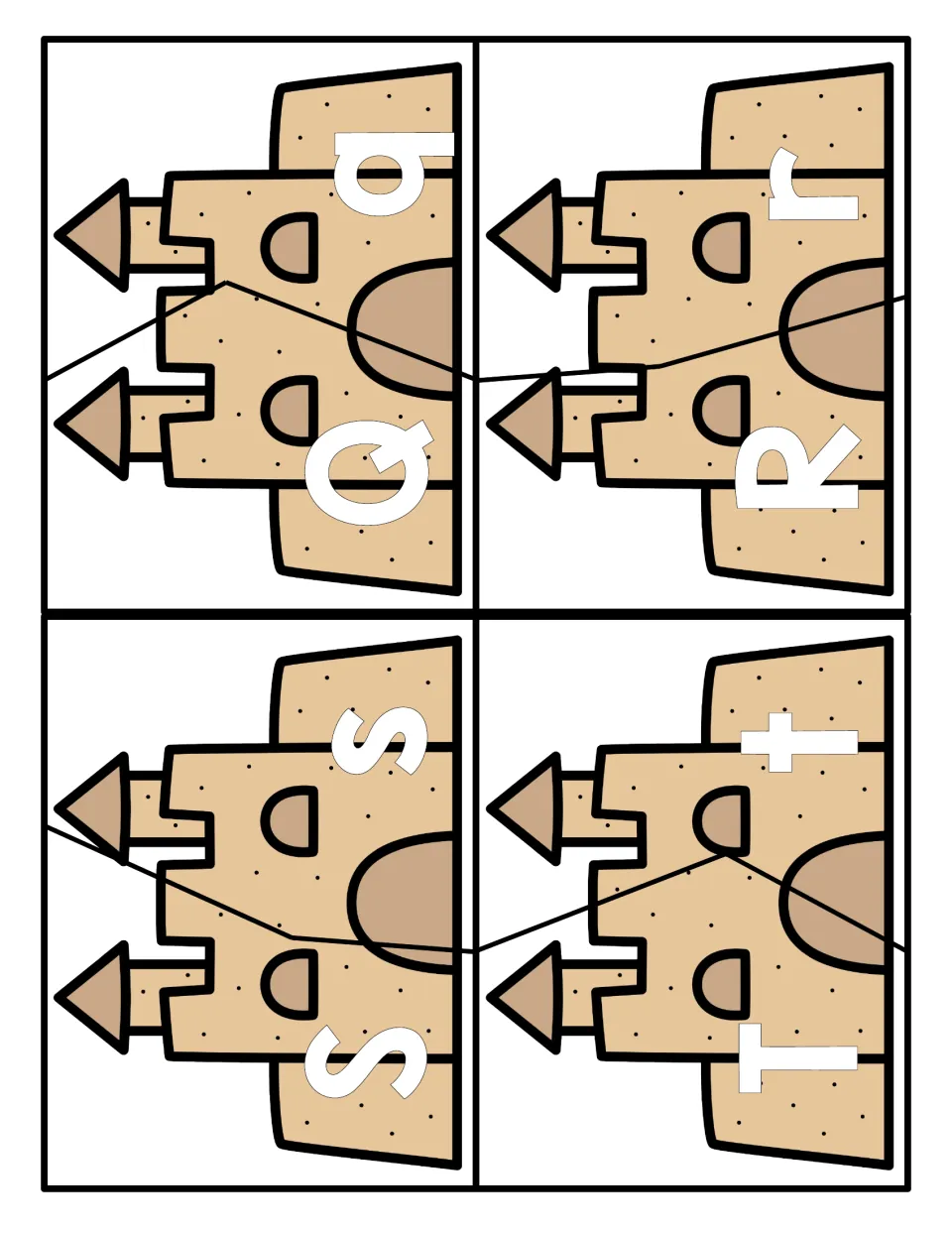 Letters Q to T: sandcastle puzzle pieces that join Q to q, R to r, S to s and T to t to practise letter matching