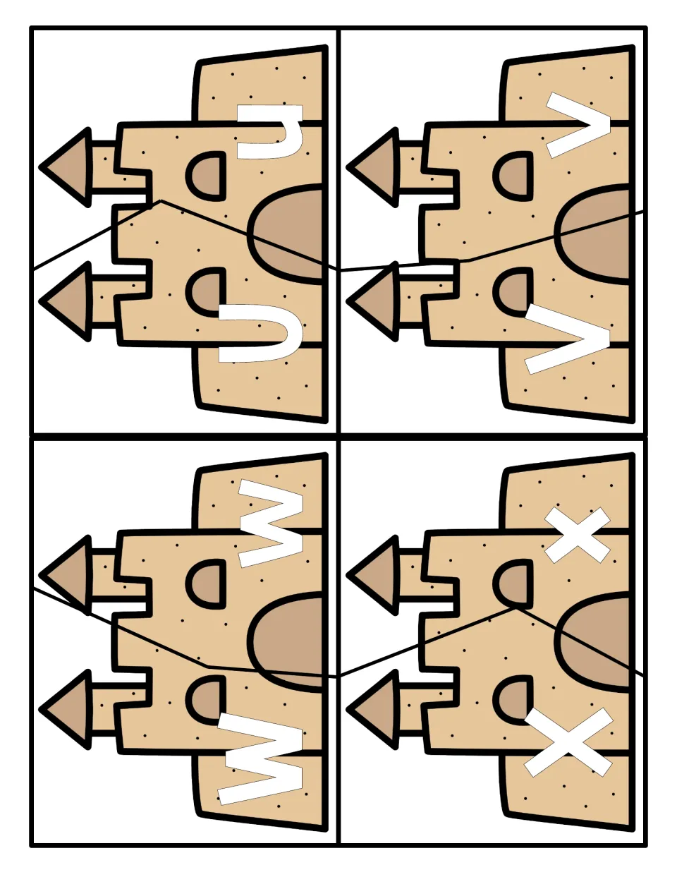 Letters U to X: two-piece sandcastle cards for matching capital U, V, W and X with their lowercase partners
