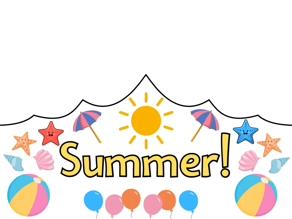 Pre-colored summer crown template reading 'Summer!', one of the wearable crafts for summer celebrations.